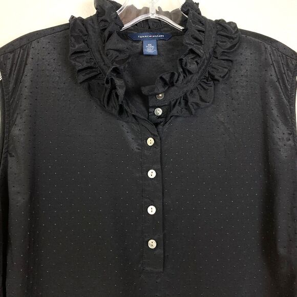 Tommy Hilfiger Popover Blouse Size XXL Black on Black Swiss Dot Ruffled Neck - Picture 2 of 6